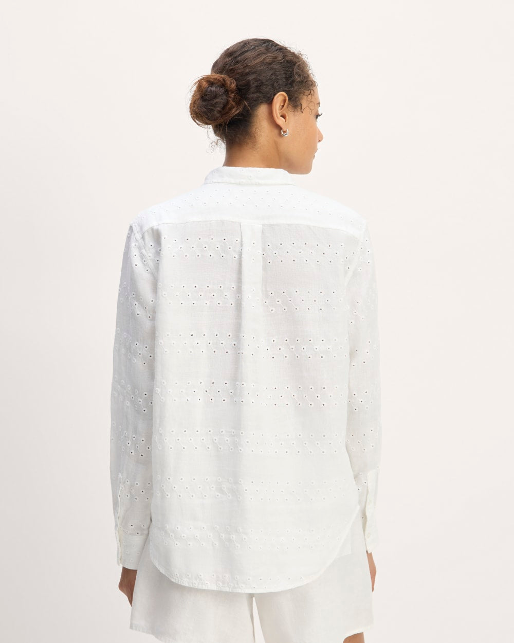 The Linen Eyelet Relaxed Shirt in White Eyelet — detail view