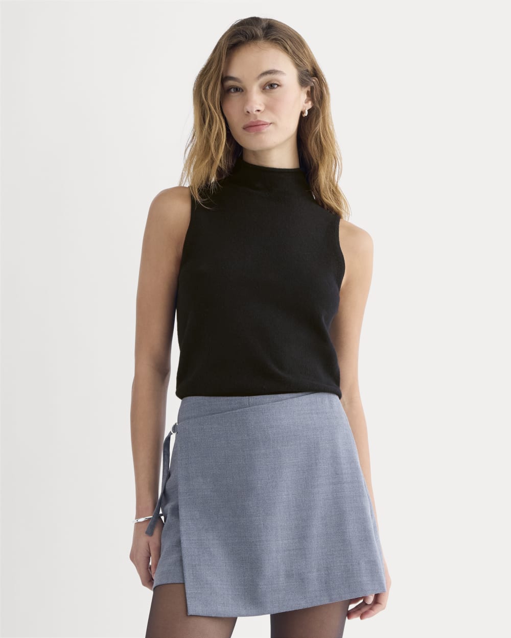 Cashmere Funnel-Neck Tank in Black — front view