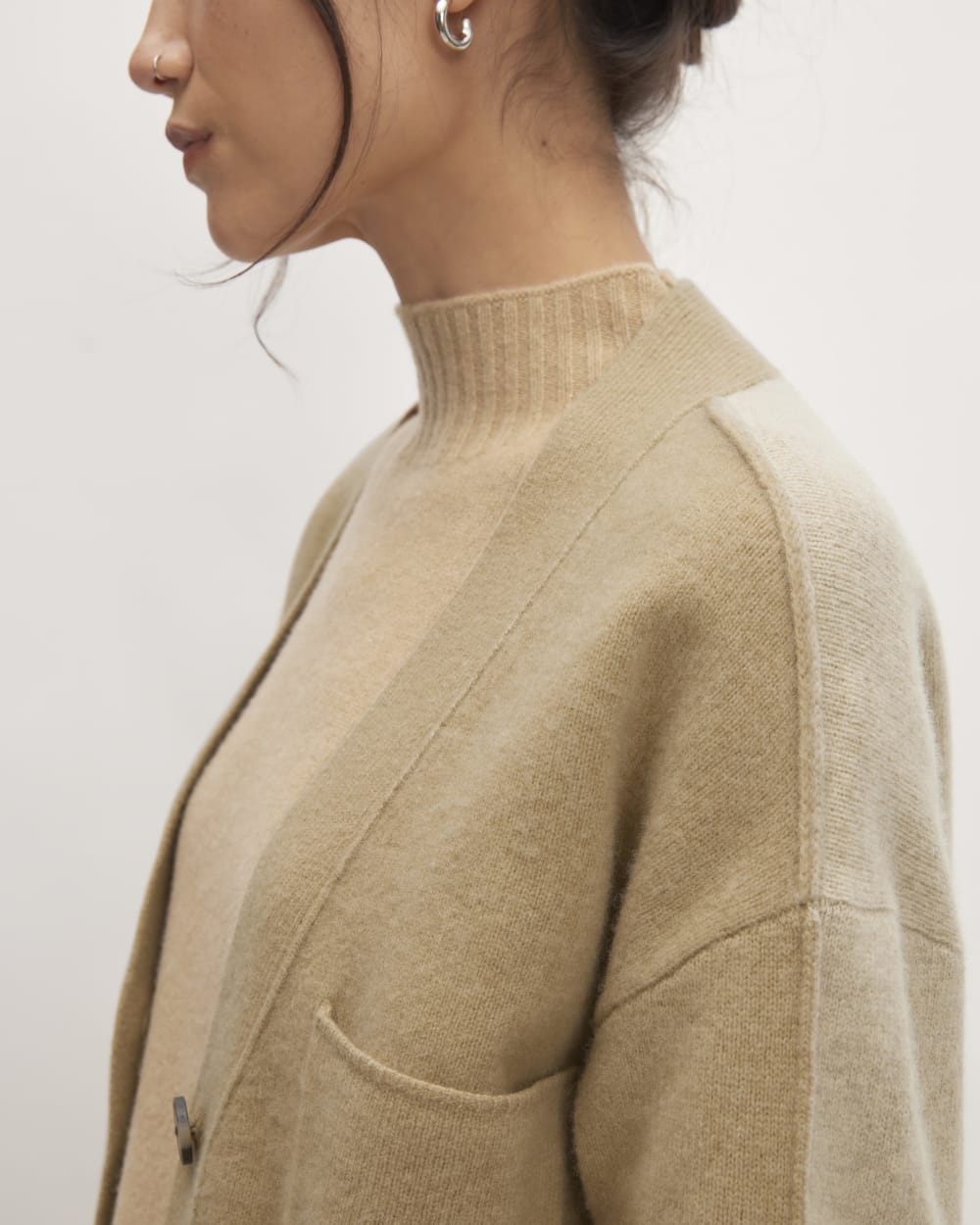 The Good Merino Wool Cardigan in Light Camel / Dark Oat — detail view