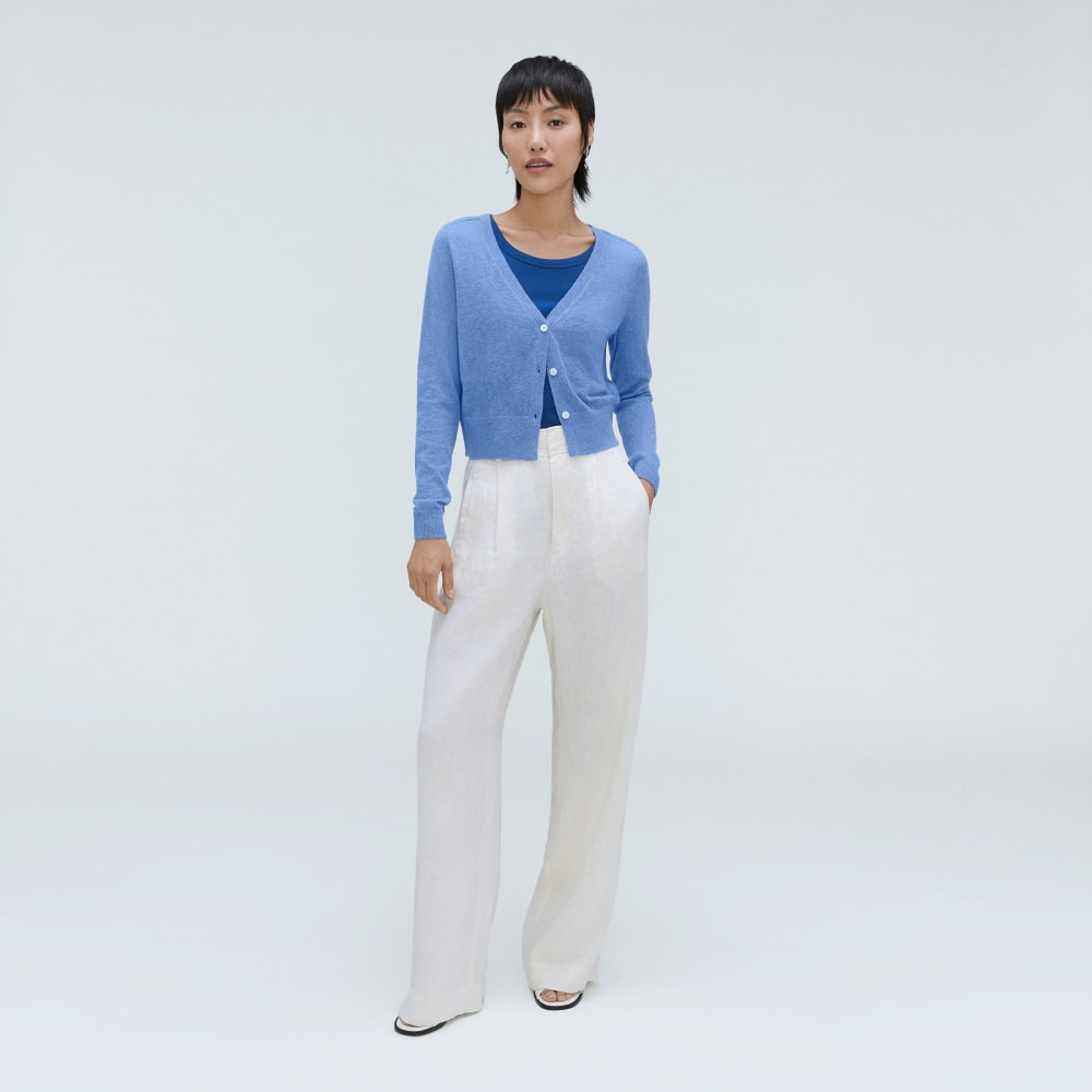 The Featherweight Alpaca Cardigan in Blue Opal — detail view