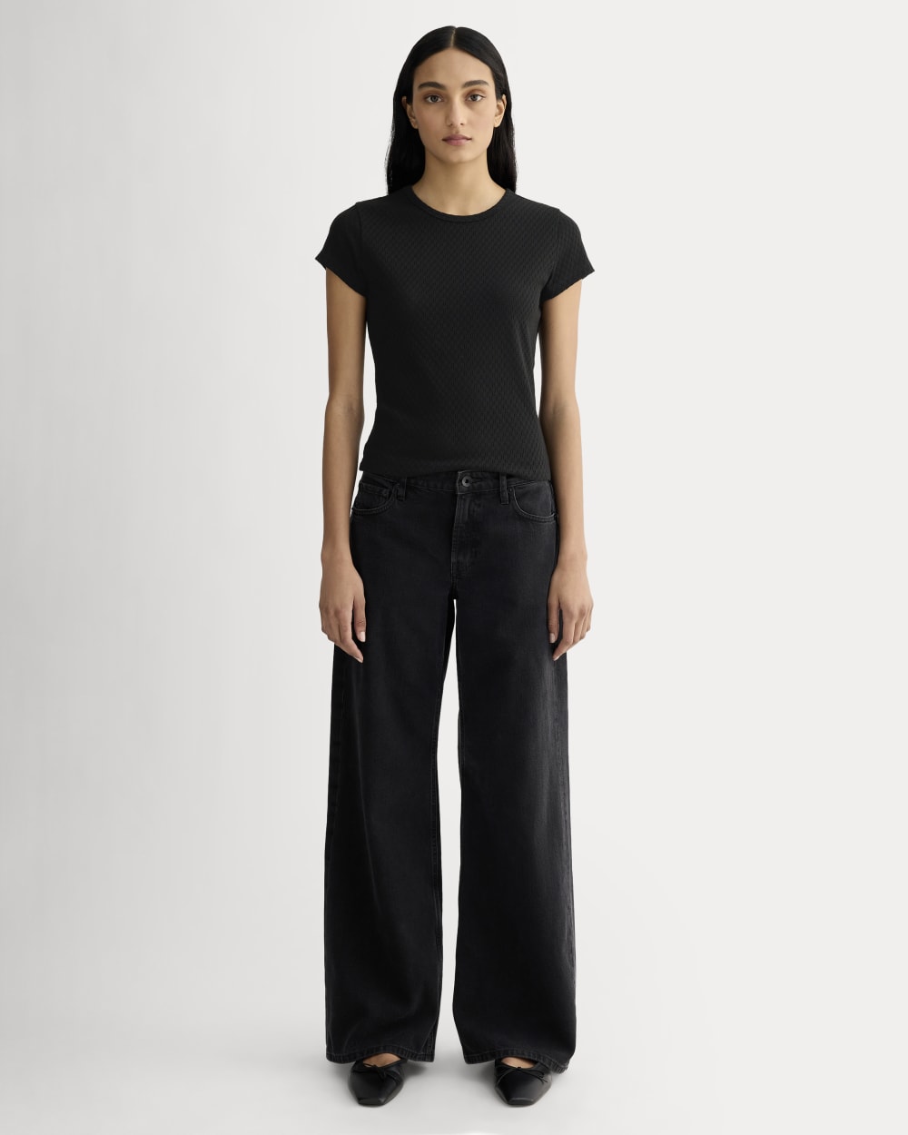 The Pointelle Short-Sleeve Tee in Black — detail view