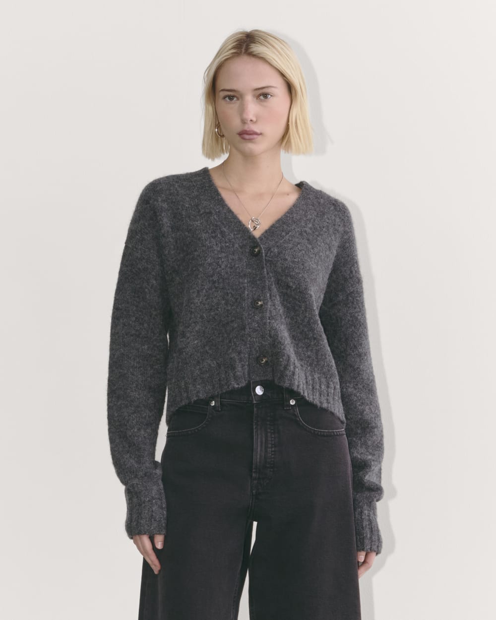 The Boxy Cardigan in Alpaca in Dark Charcoal — front view