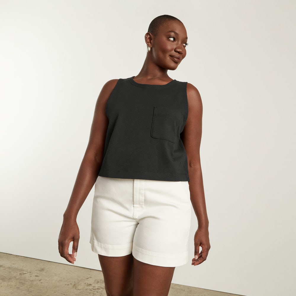 The Premium Weight Cropped Pocket Tank in Black — detail view