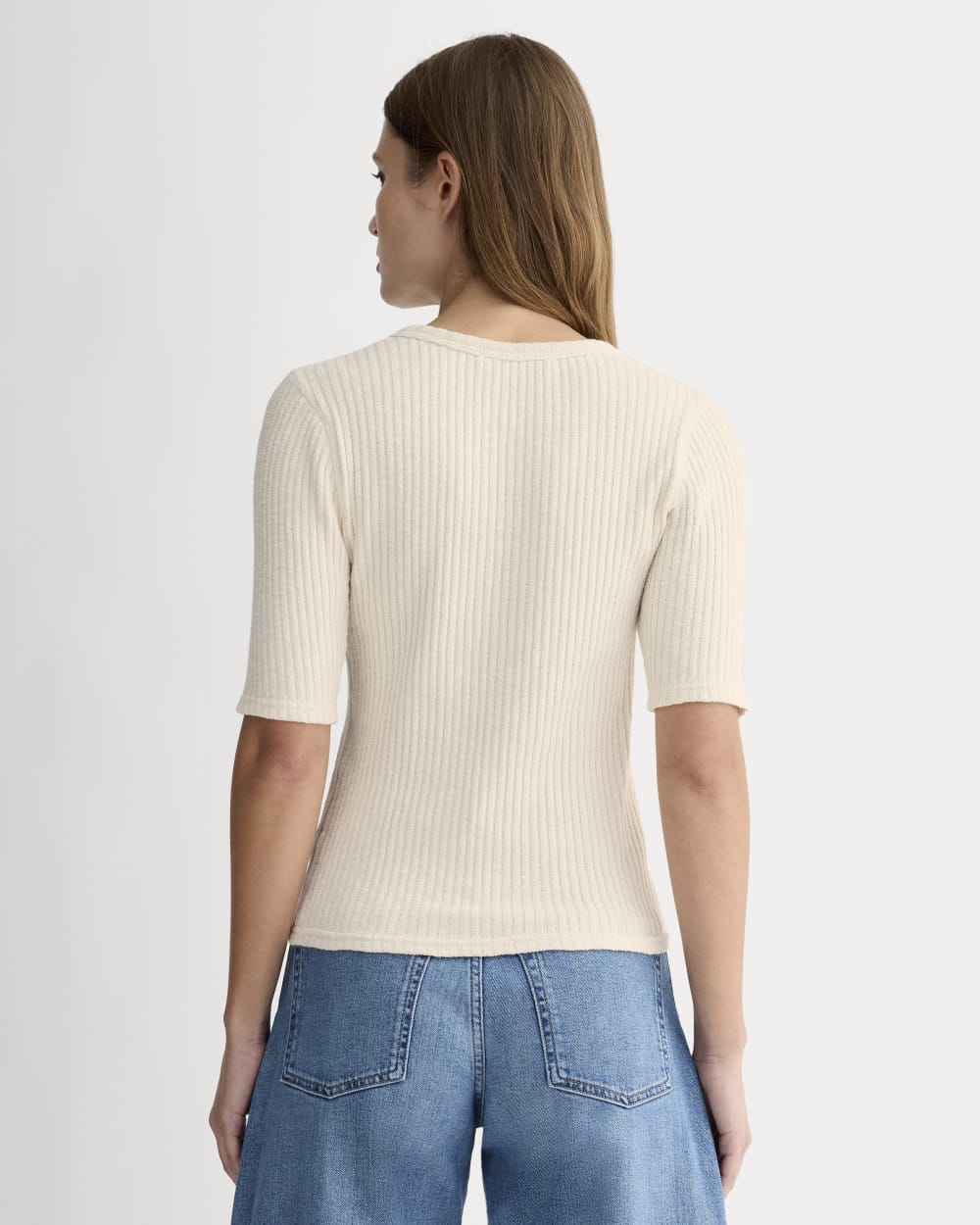 The Rib-Knit Short-Sleeve Henley in Bone — detail view