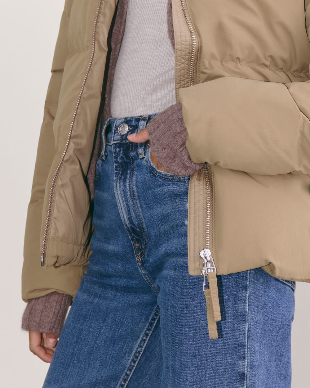 The Puffer Bomber in Taupe Grey — detail view