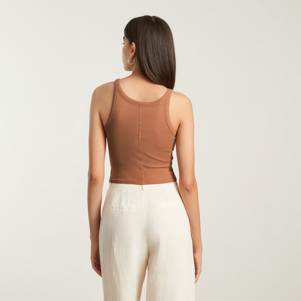The Pima Micro-Rib Short Tank in Tawny Brown — detail view