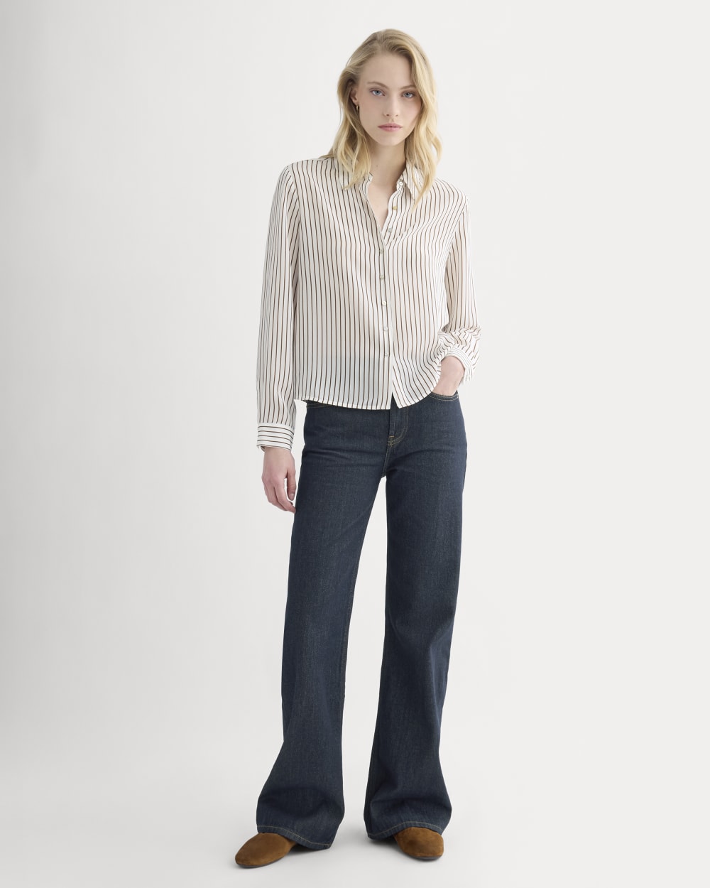 Shrunken Top in Washable Silk in Bone / Toffee Stripe — detail view