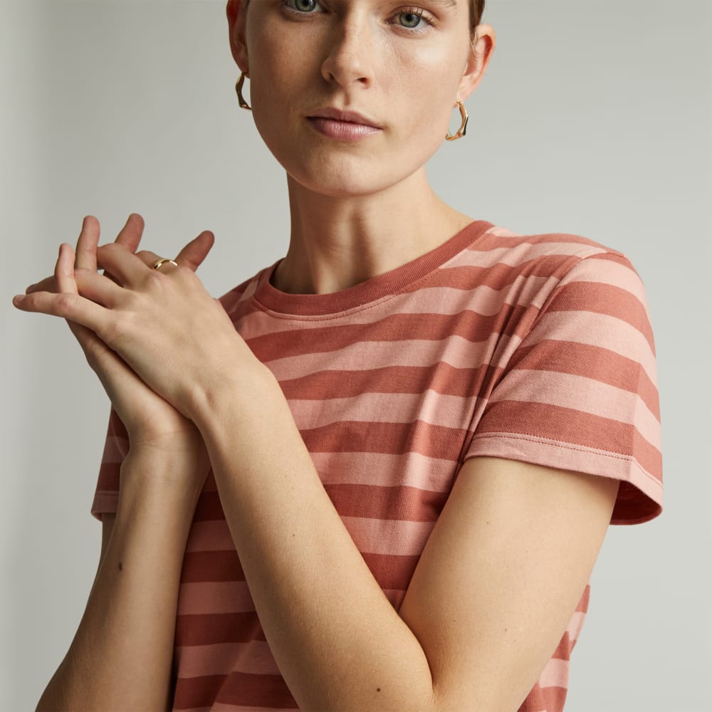 The Box-Cut Tee in Essential Cotton in Redwood Stripe — detail view
