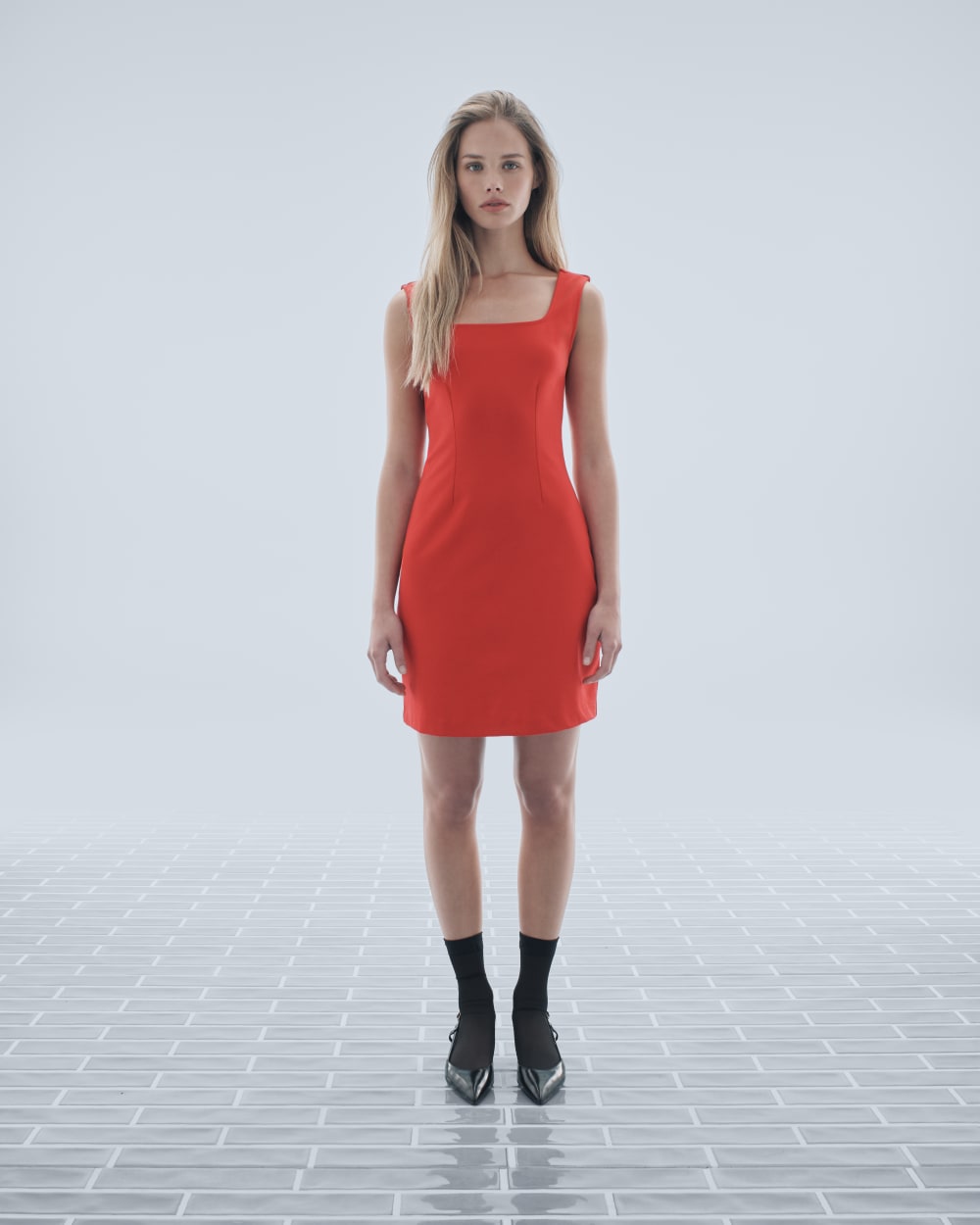 The Dream Square-Neck Dress in Classic Red — detail view