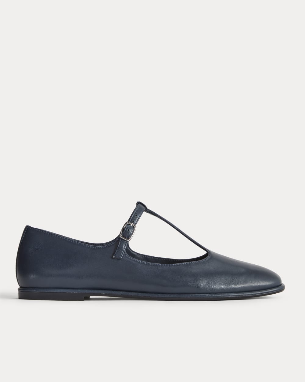 The Leather T-Strap Flat in Navy — front view