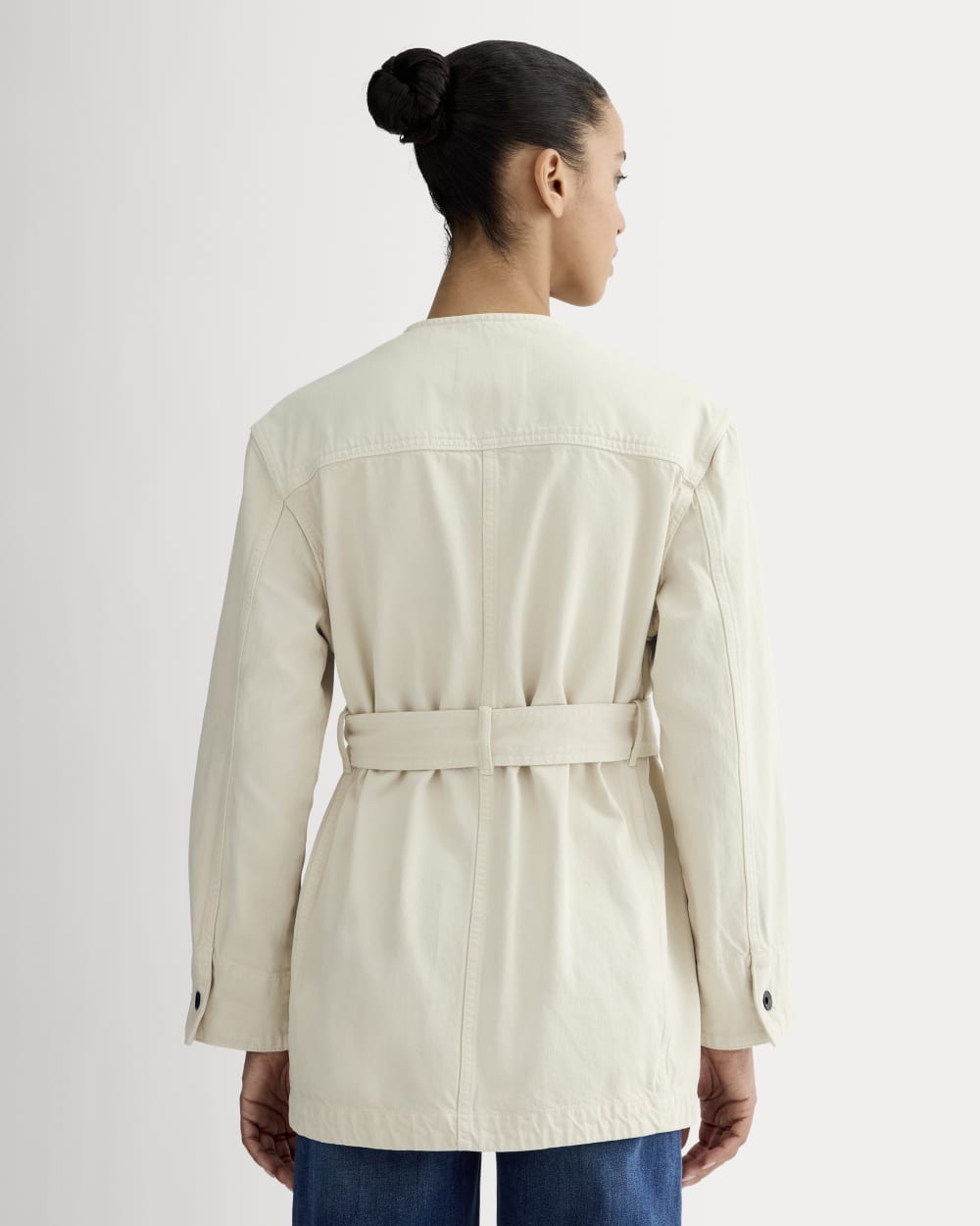 The Long Denim Barrel Jacket in Garment-Dyed Sand — detail view