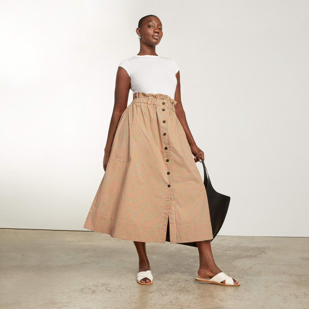 The Easy Button-Front Skirt in Burnt Orange Gingham — detail view