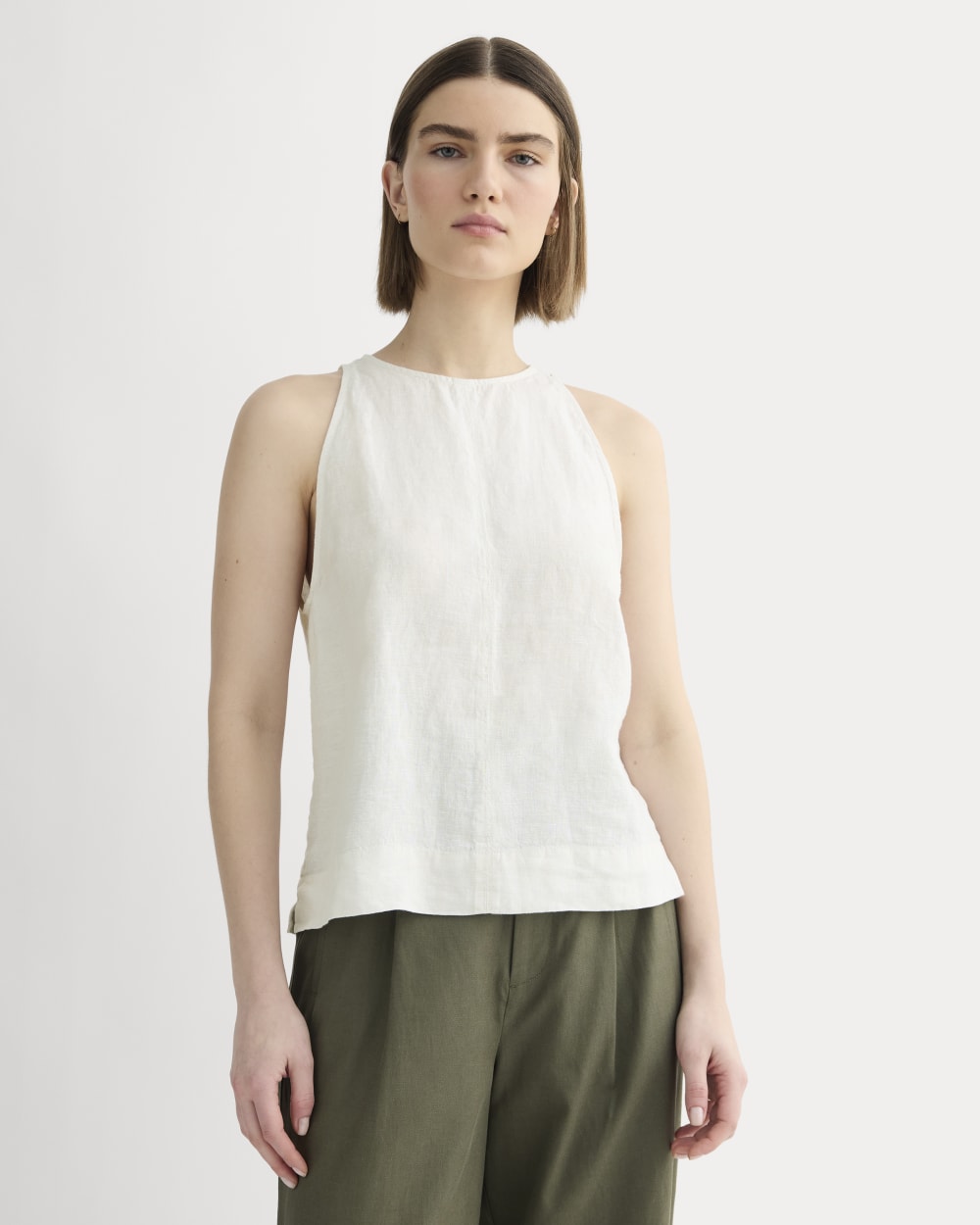 The Linen High-Neck Tank in Natural Chambray — front view