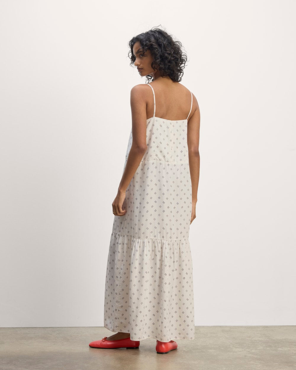 The Long Weekend Dress in Butterlite in Bone / Black Square Dot — detail view