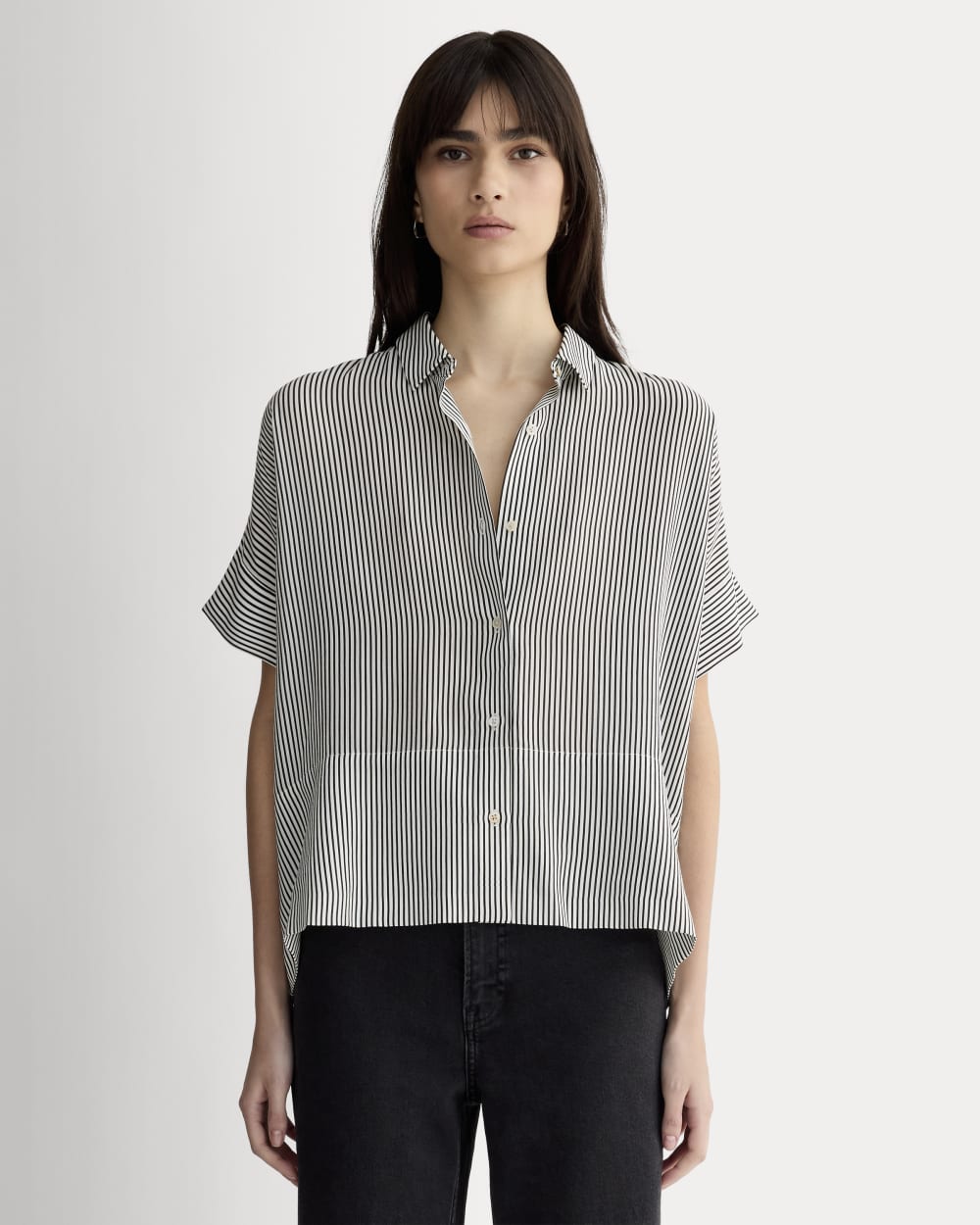 The Boxy Shirt in Washable Silk in Black Micro Stripe — front view