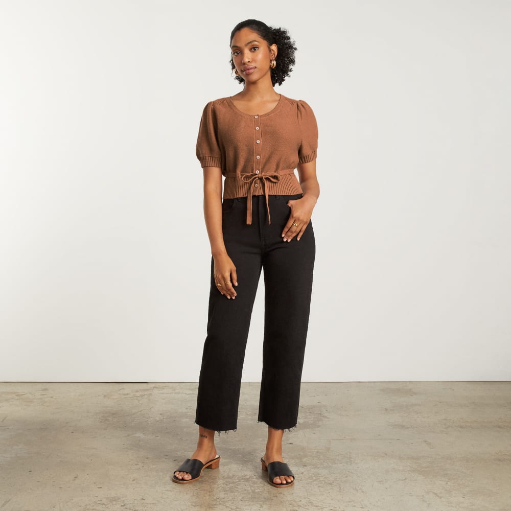 The Puff Sleeve Sweater Top in Tawny Brown — detail view