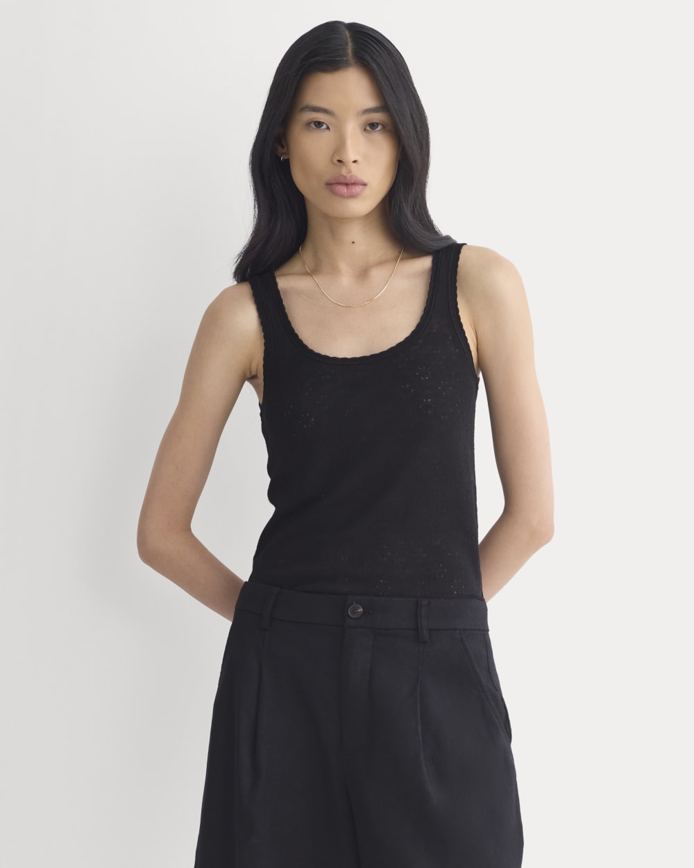 Lace-Trimmed Tank in Fine Linen in Black — front view