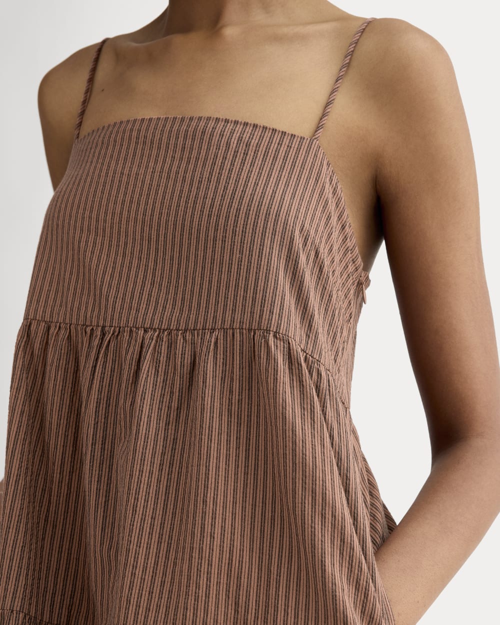 The Gauze Tiered Dress in Carob Brown / Black — detail view
