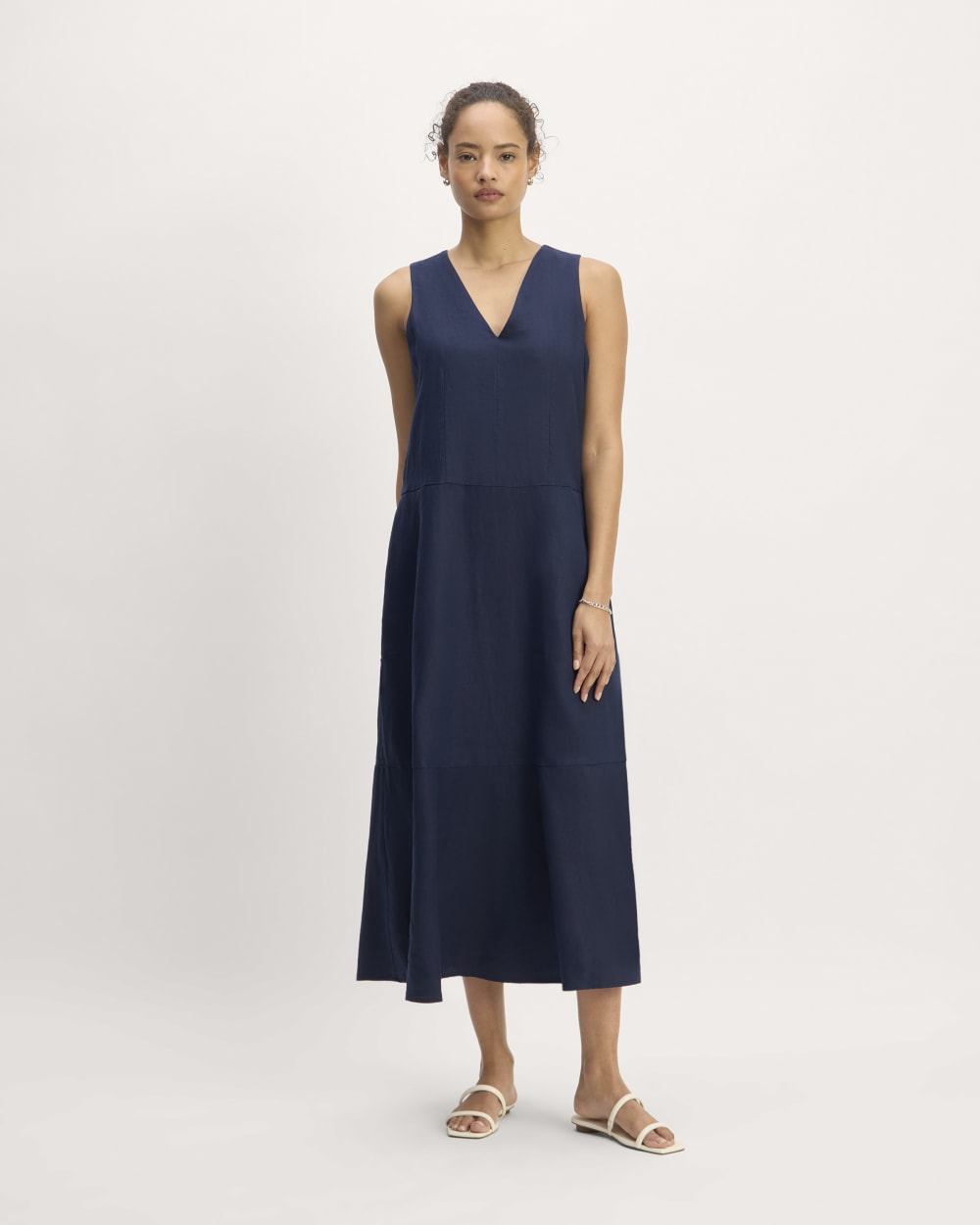 The Linen V-Neck Maxi Dress in Navy — front view