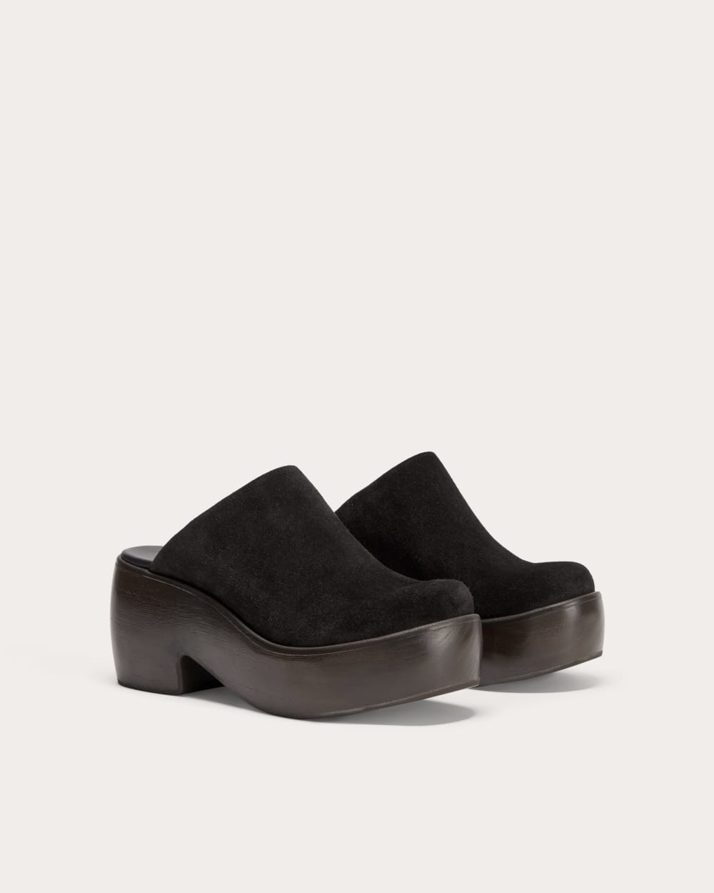 The Wooden Puffa Clog in Black Suede — detail view