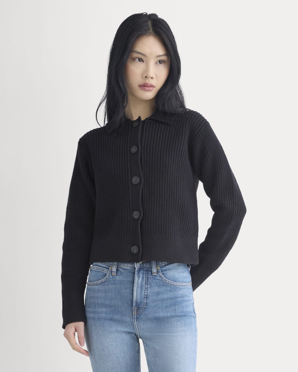Shrunken Cardigan in Everyday Cotton in Black — front view