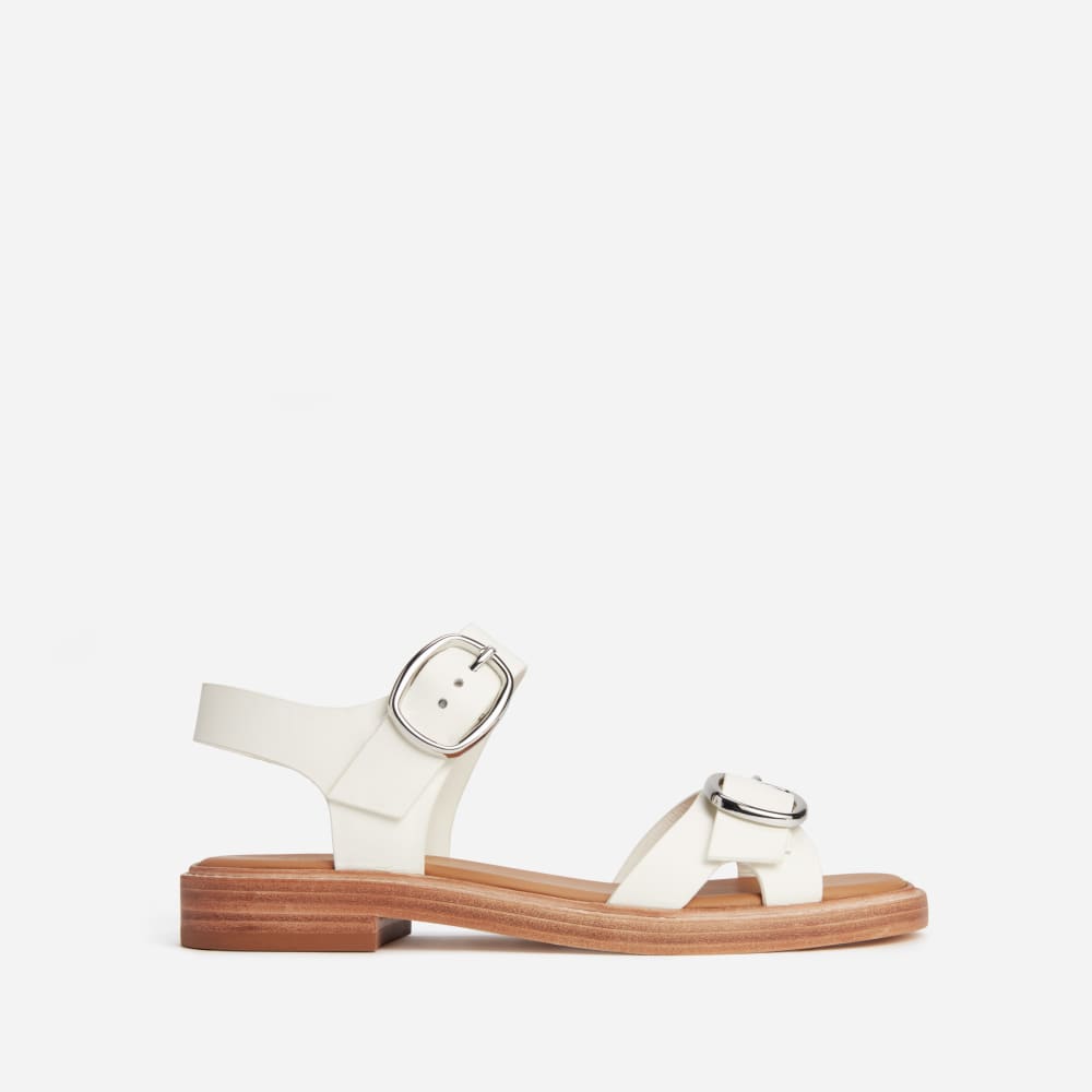 The Twin Buckle Sandal in Canvas Tan — front view