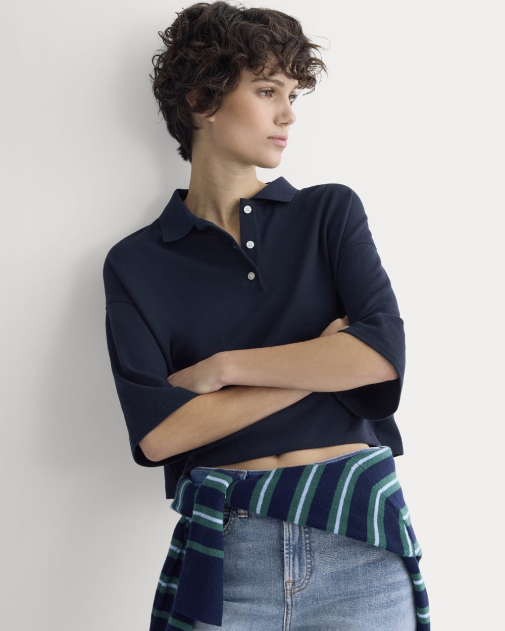 Pique Boxy Polo in Navy — detail view