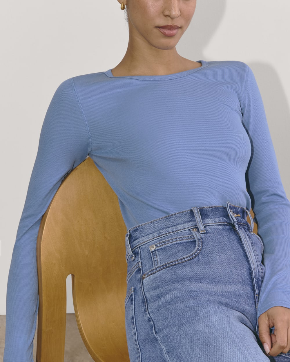 The Luxe Rib Long-Sleeve Crew in Bluebell — detail view