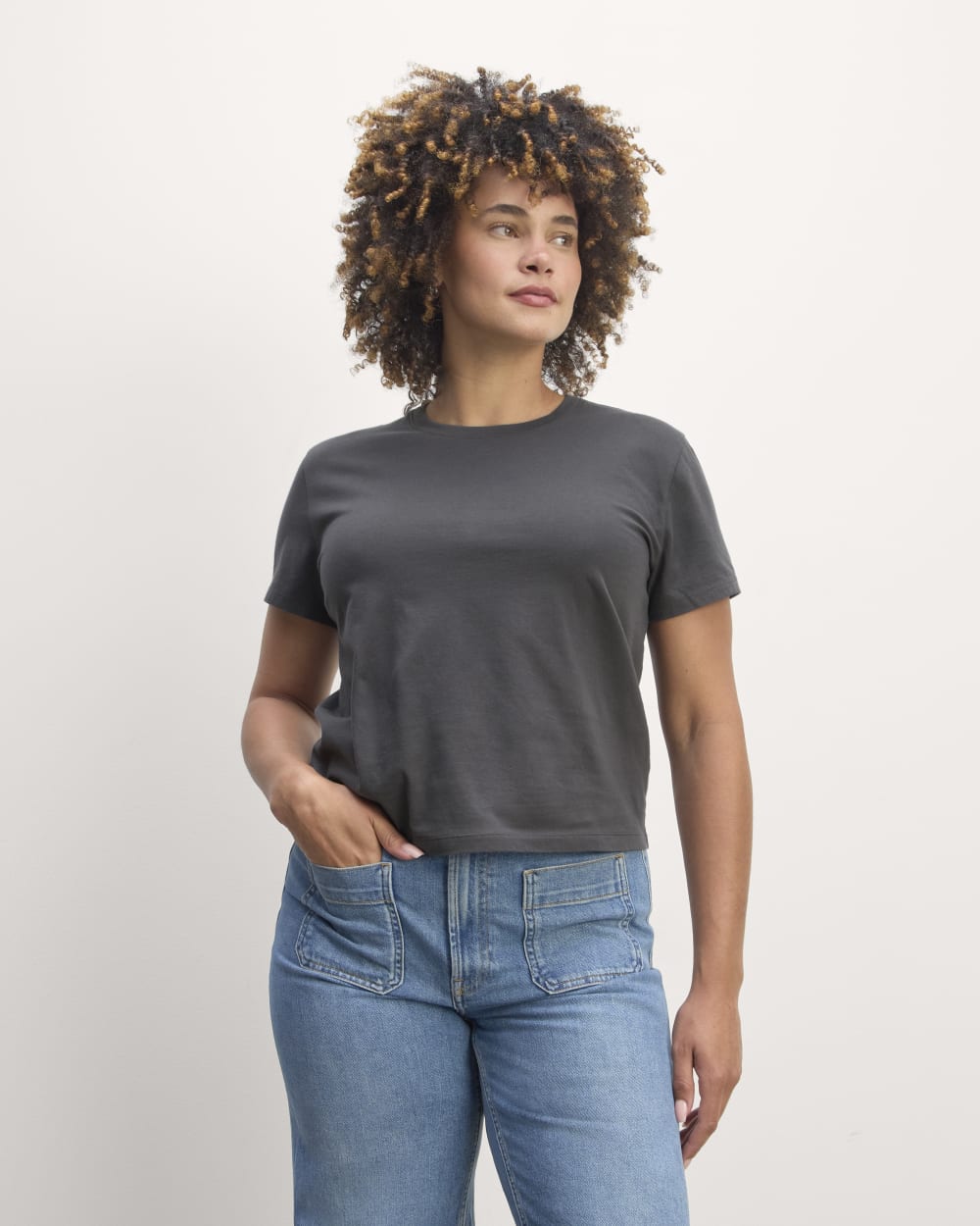 The Box-Cut Tee in Essential Cotton in Graphite — front view