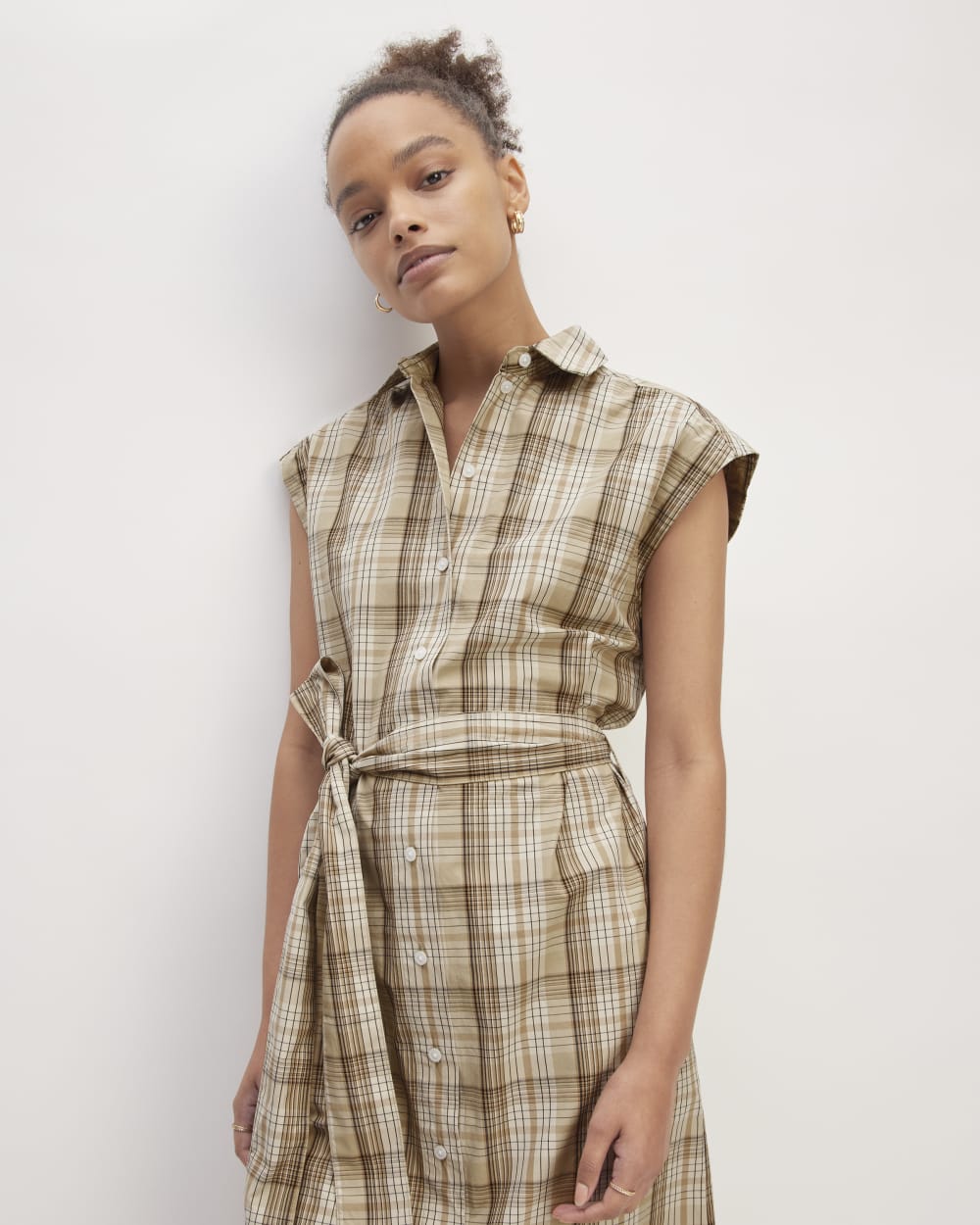 The Supima® Cotton Short-Sleeve Shirt Dress in Pale Khaki Plaid — detail view