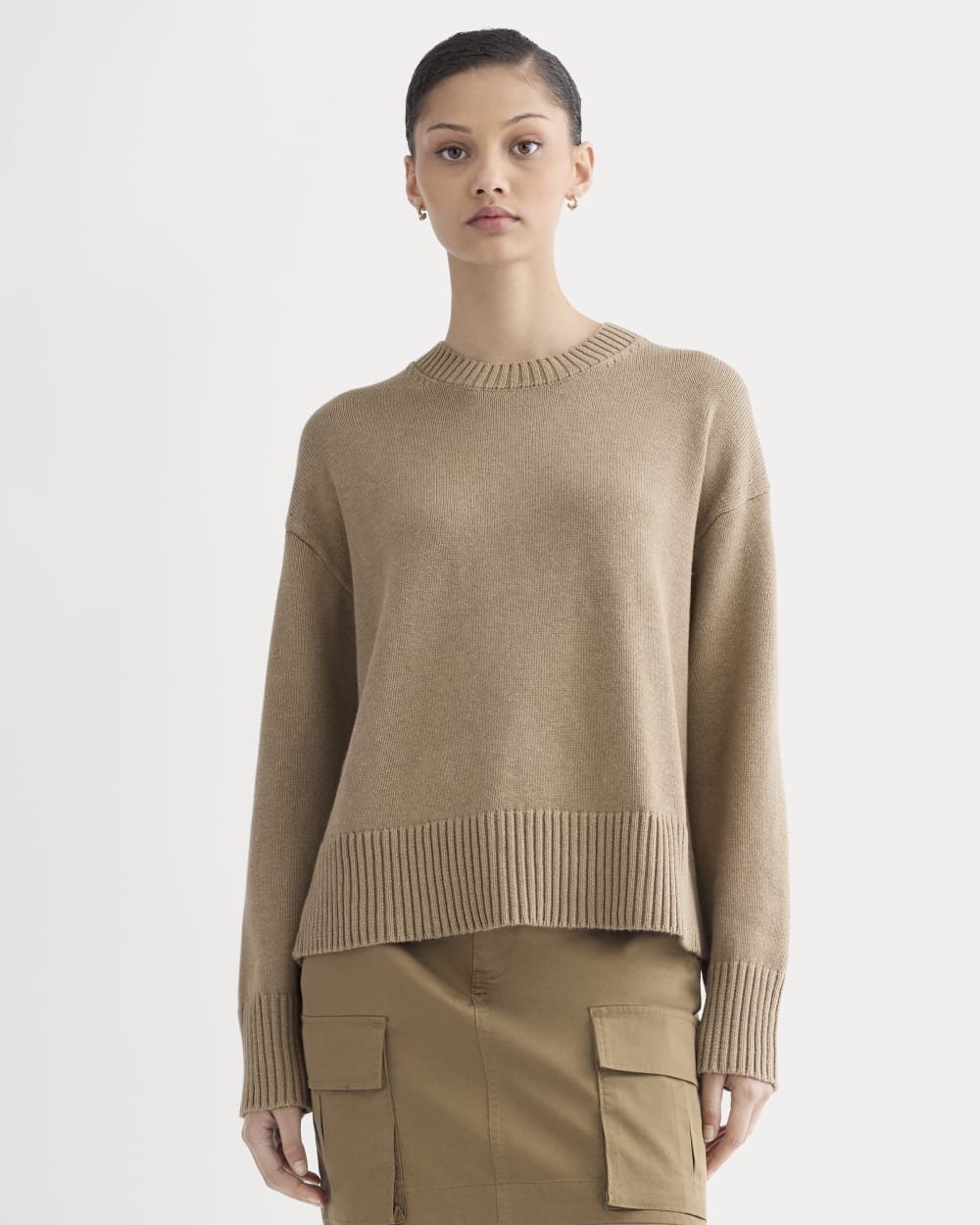 The Boxy Sweater in Everyday Cotton in Dark Heathered Camel — front view