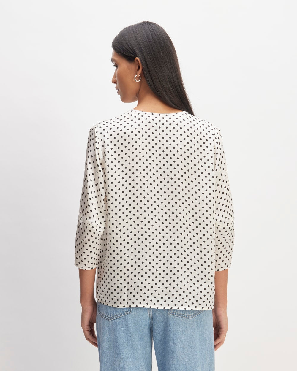 The Hammered Satin Balloon Sleeve Top in Bone / Black Polka Dot — detail view