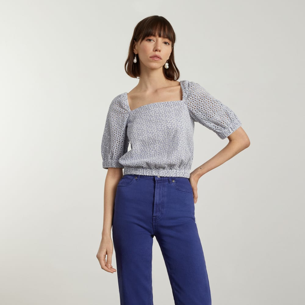 The Eyelet Puff Sleeve Top in Deep Blue / White — alternate view