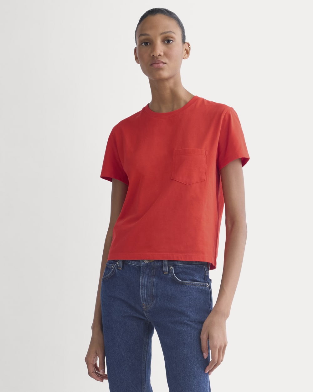 The Box-Cut Tee in Essential Cotton in Fiery Red — detail view