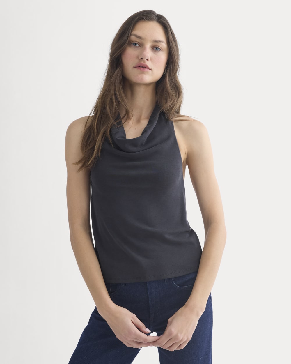 Halter Cowlneck Top in Butterknit in Black — front view