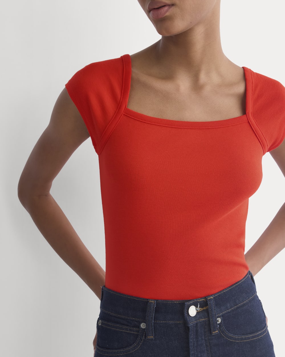 RetroSoft Cotton Square-Neck Tee in Fiery Red — detail view