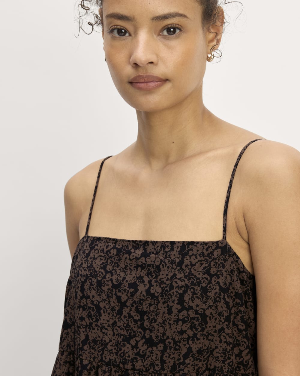The Gauze Tiered Dress in Black / Cocoa Small Floral — detail view