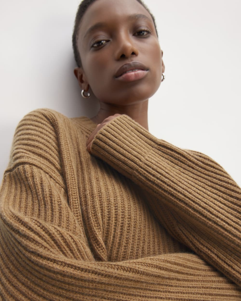 The Oversized Crew in Luxe Merino in Deep Camel — detail view