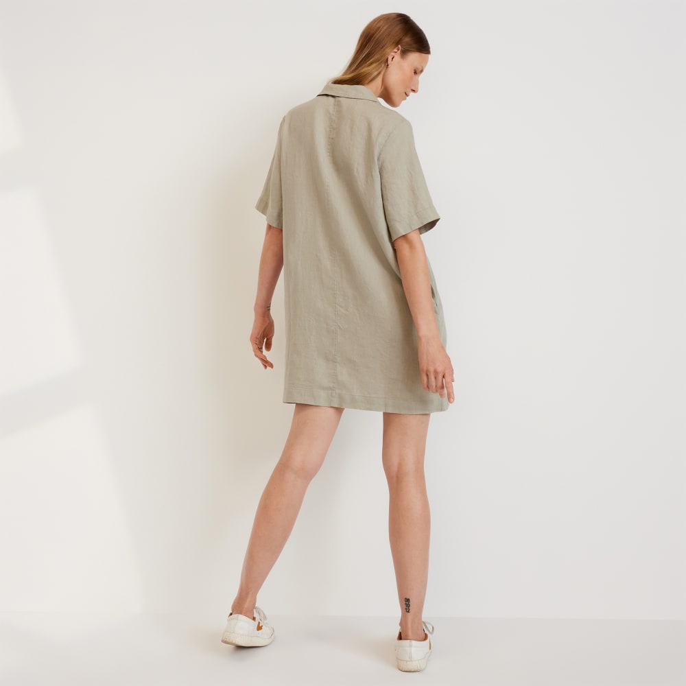 The Linen Workwear Dress in Seagrass — detail view