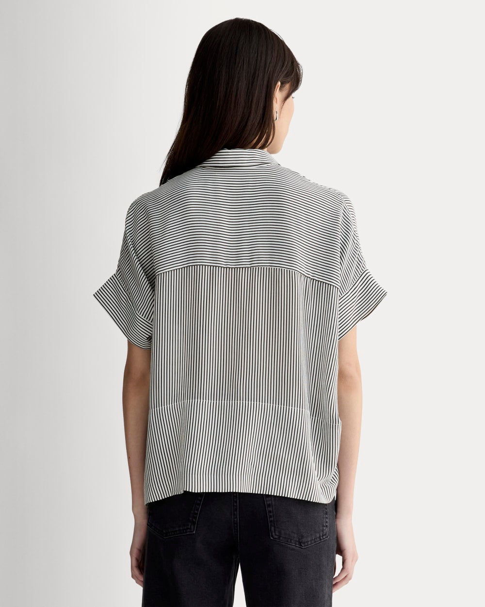 The Boxy Shirt in Washable Silk in Black Micro Stripe — detail view