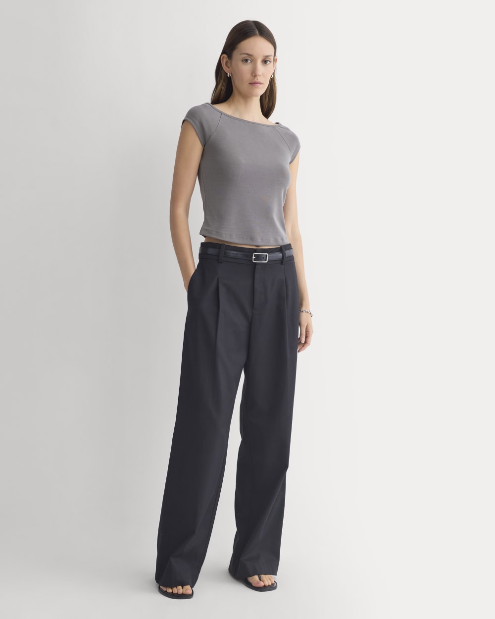 Boatneck Cap-Sleeve Top in Butterknit in Charcoal Grey — detail view