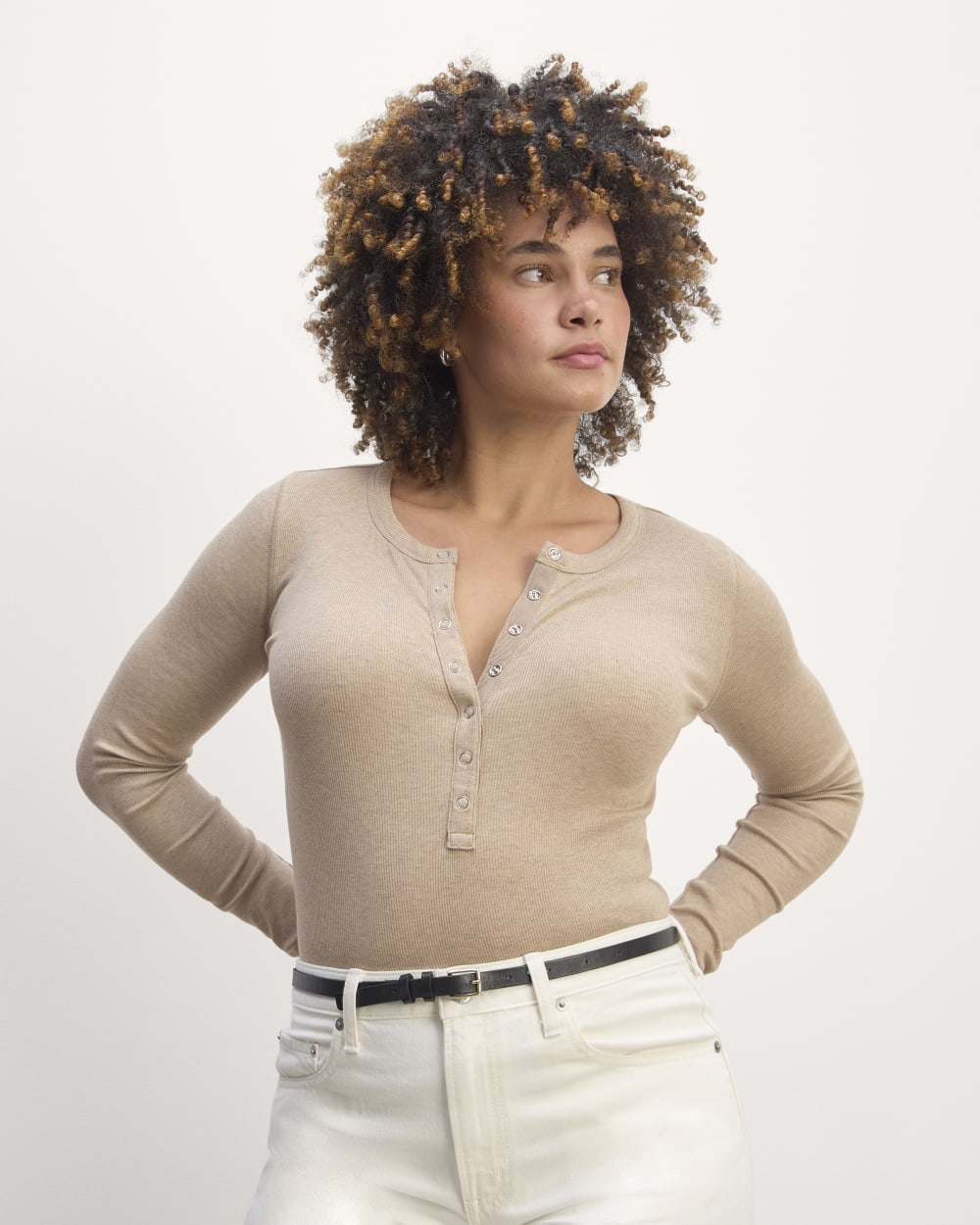 The Luxe Rib Henley in Heathered Tan — front view