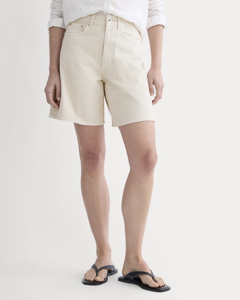 The Long A-Line Denim Short in Garment-Dyed White / Cream — detail view