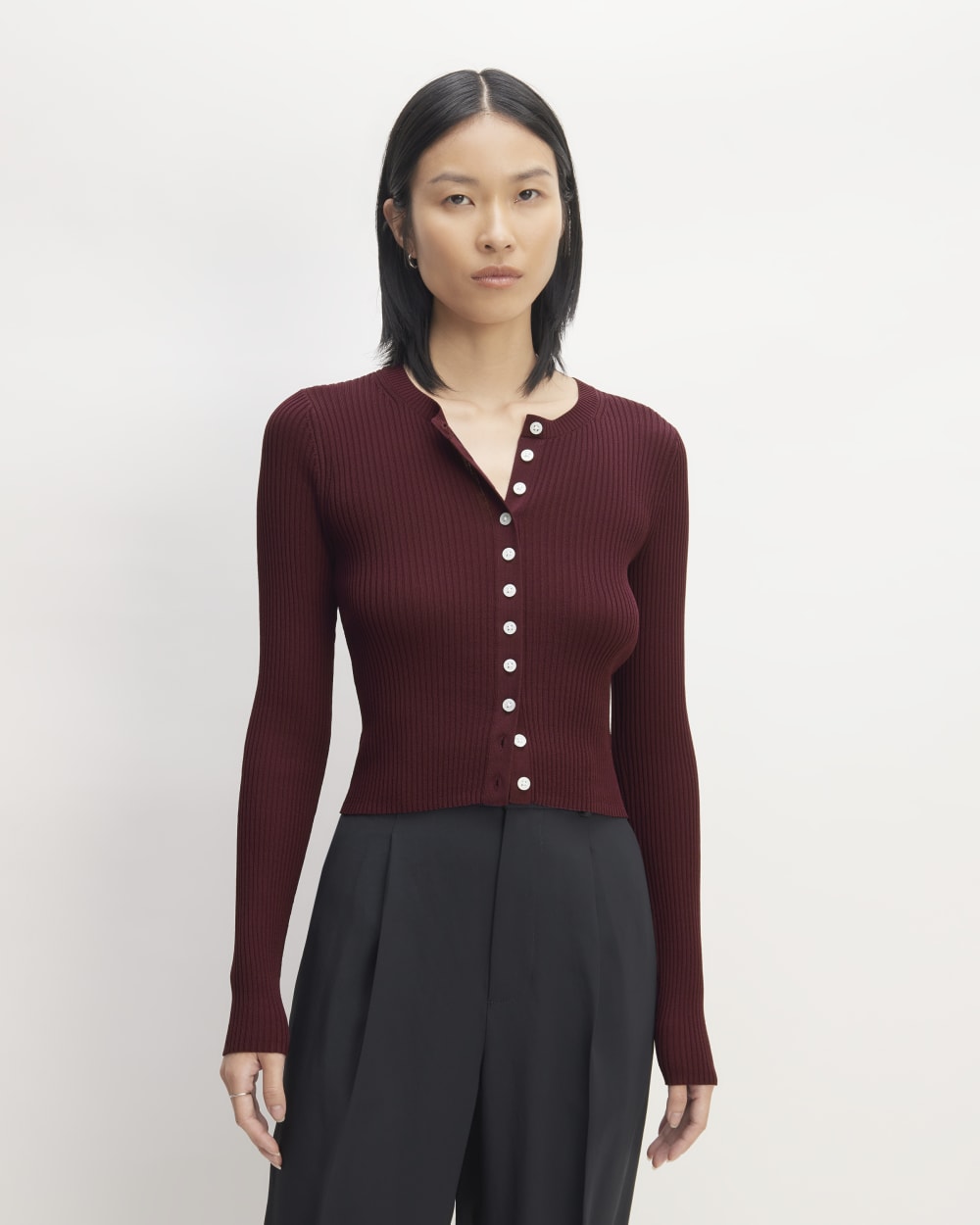 The Ribbed Cropped Cardigan in Burgundy — front view