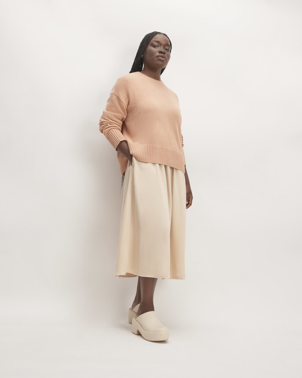 The Boxy Sweater in Everyday Cotton in Blush Pink — detail view