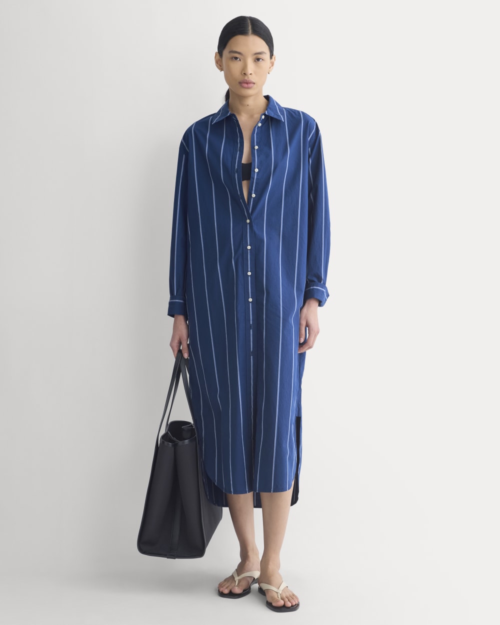 Midi Shirtdress in Ultrasoft Cotton in Estate Blue/Open Air/White — front view