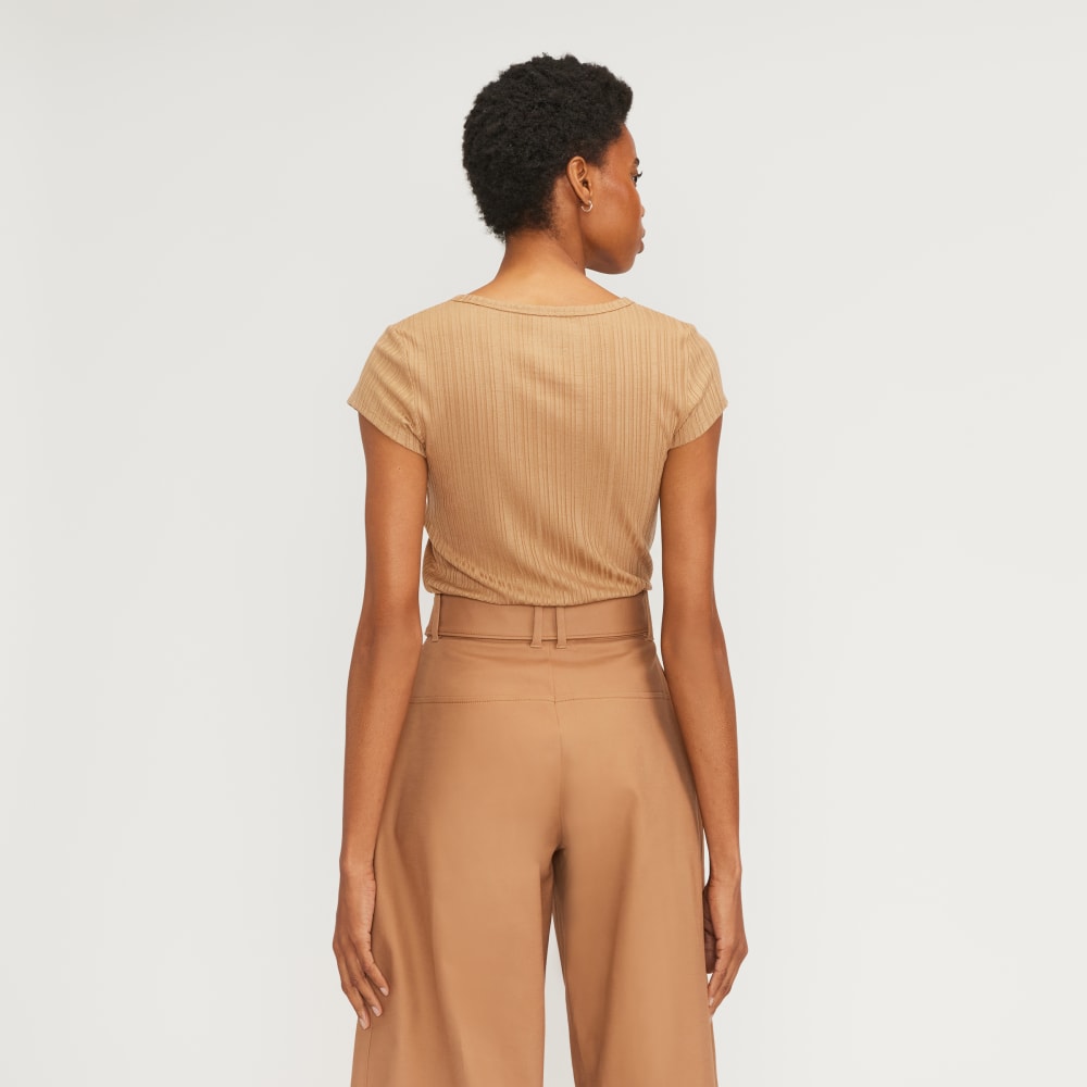 The Rib Soft Knit Scoop-Neck Tee in Caramel — detail view