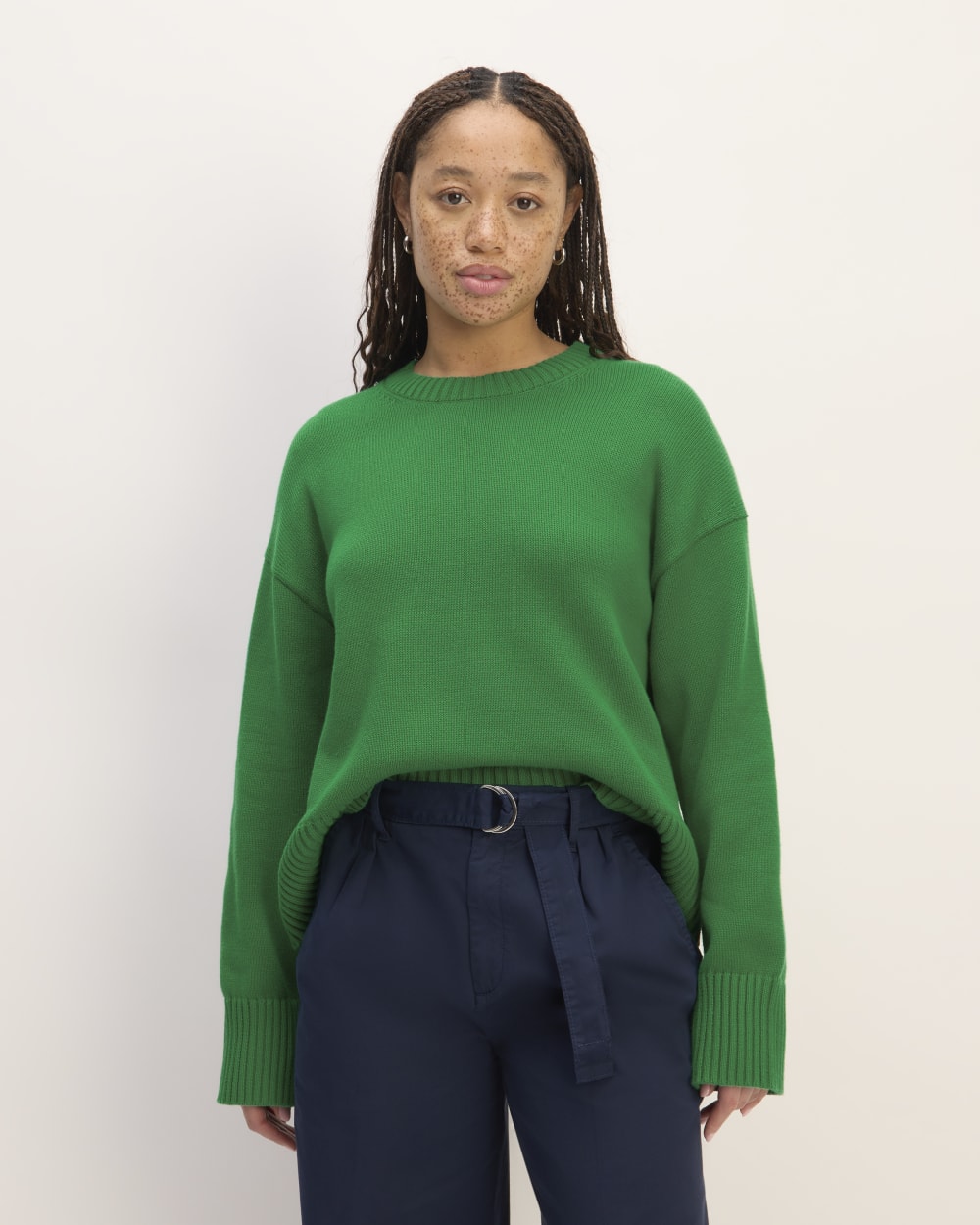 The Boxy Sweater in Everyday Cotton in Grass Green — front view