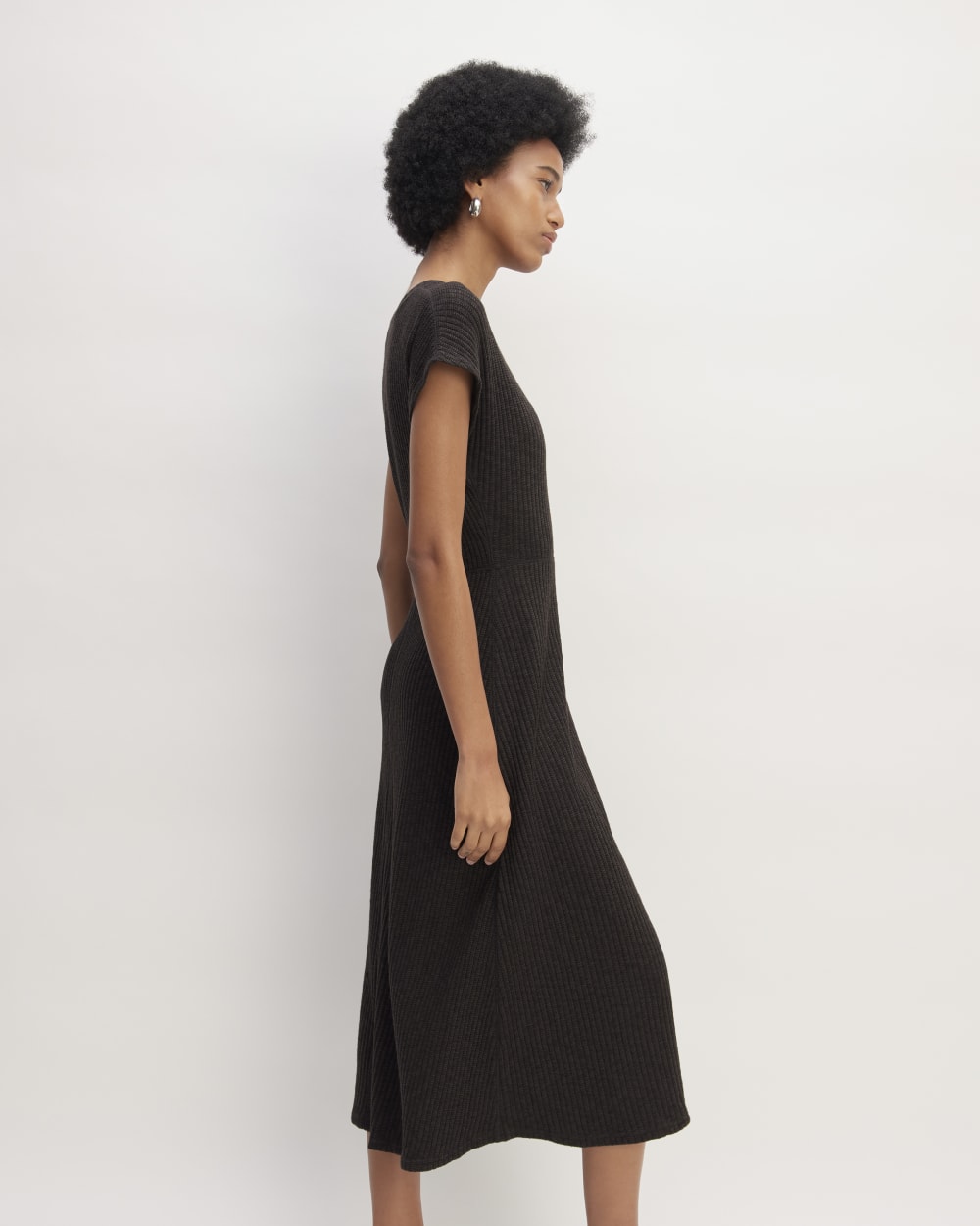 The Rib-Knit Cap-Sleeve Midi Dress in Black — detail view