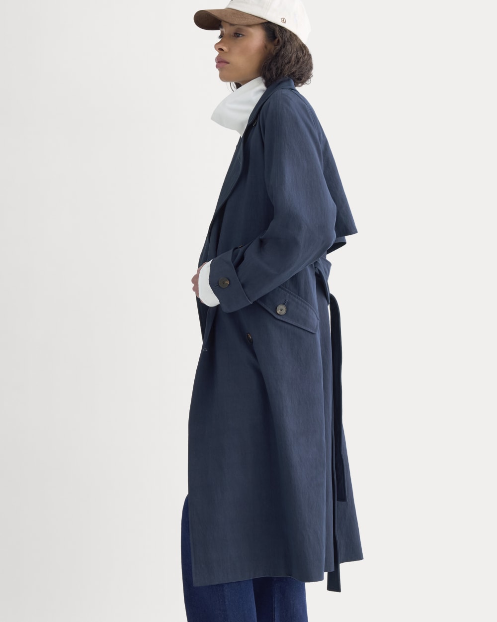 Drapey Twill Trench in Navy — detail view